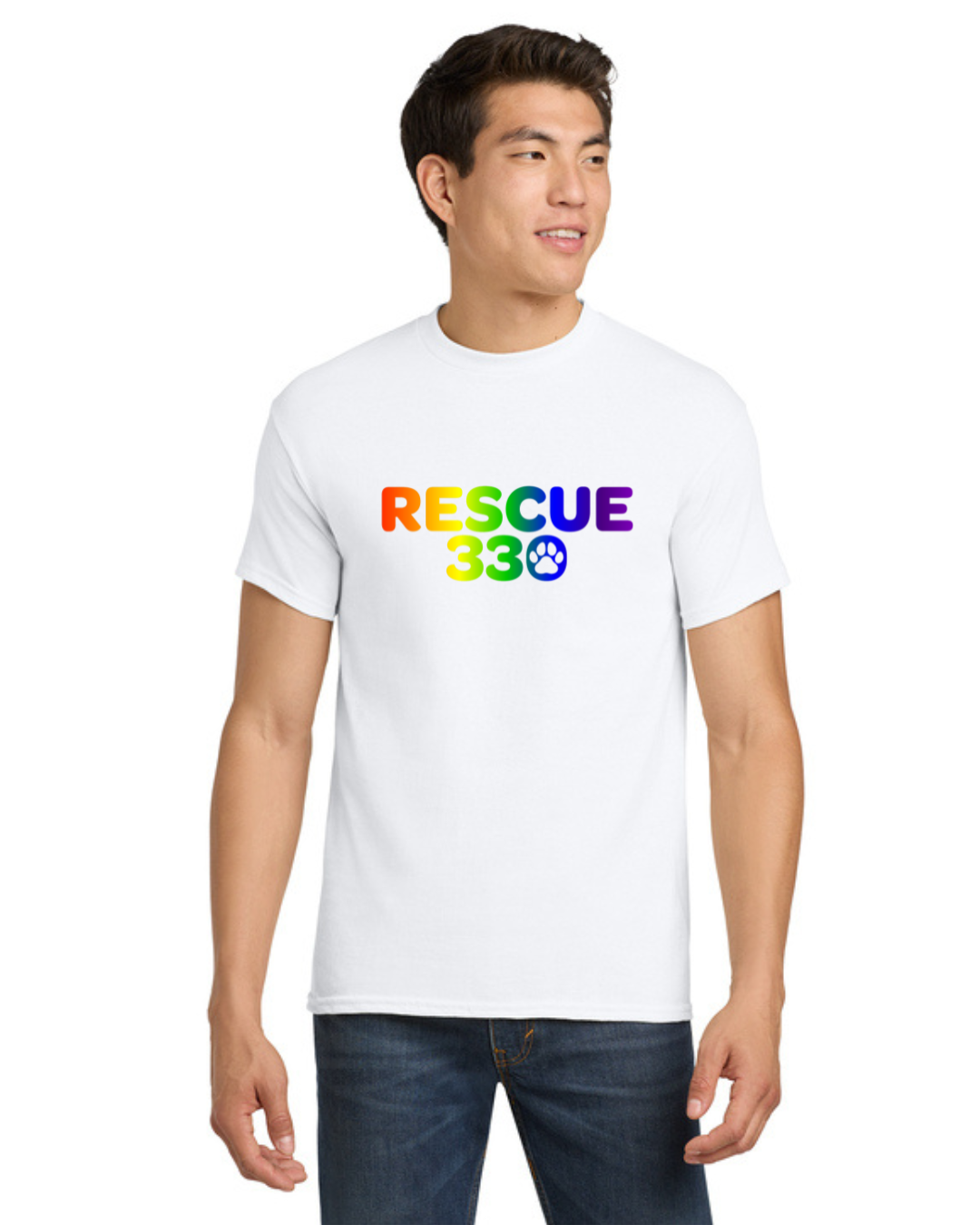 Gildan 5000 with Rescue330 rainbow logo