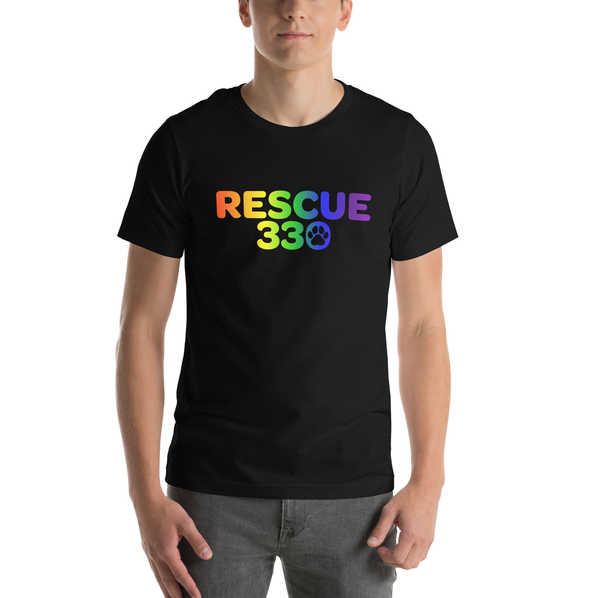 BELLA+CANVAS BC3001 with Rescue330 rainbow logo
